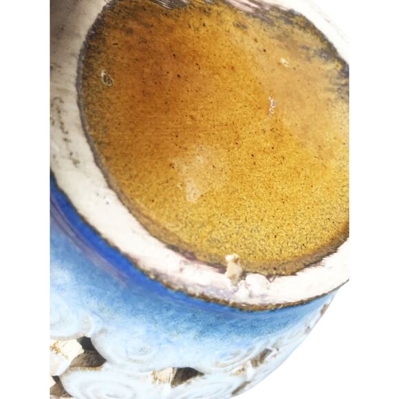 Pottery Vase Beige Blue Swirl Pattern with Lattice Cutout 10" High x 7" Wide - Picture 6 of 8